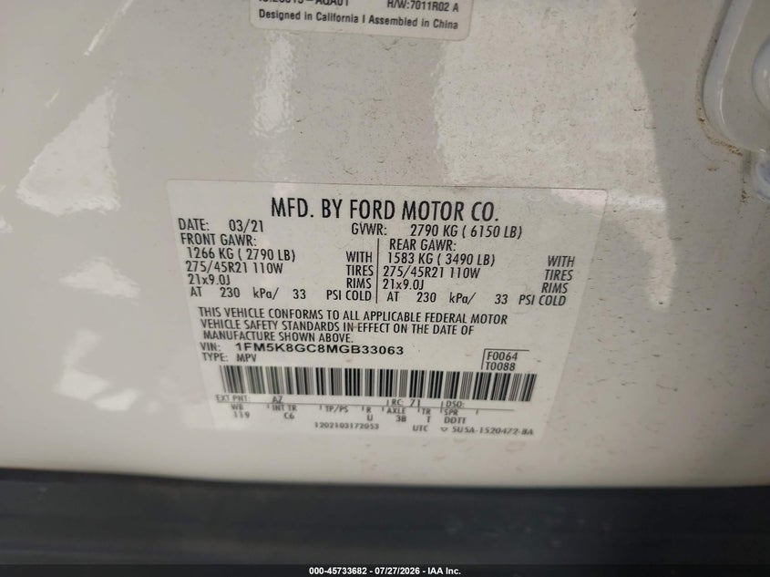 2021 Ford Explorer VIN 1FM5K8GC8MGB33063 IAAI salvage auction — SIDE, Wait Title, sold $9,300 on 2026-09-04 (photo 9)