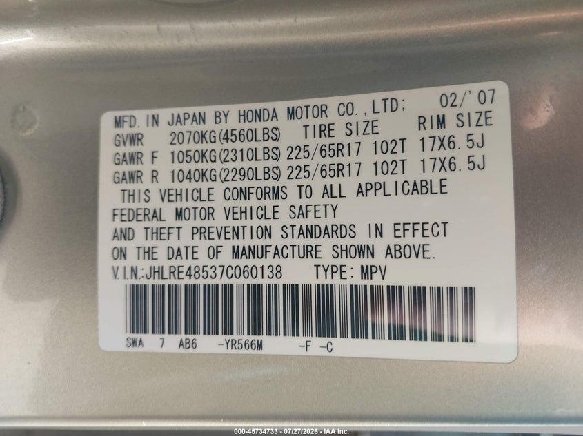2007 Honda Cr-v VIN JHLRE48537C060138 IAAI salvage auction — NORMAL WEAR, Clear (Pennsylvania), sold $25 on 2026-07-31 (photo 9)