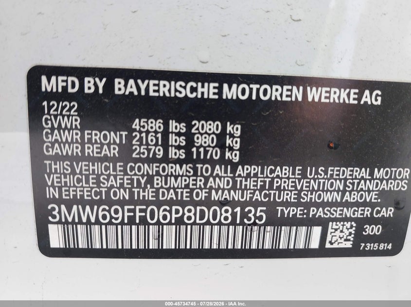 2023 BMW 3er VIN 3MW69FF06P8D08135 IAAI salvage auction — SIDE, Wait Title, sold $11,900 on 2026-08-30 (photo 9)