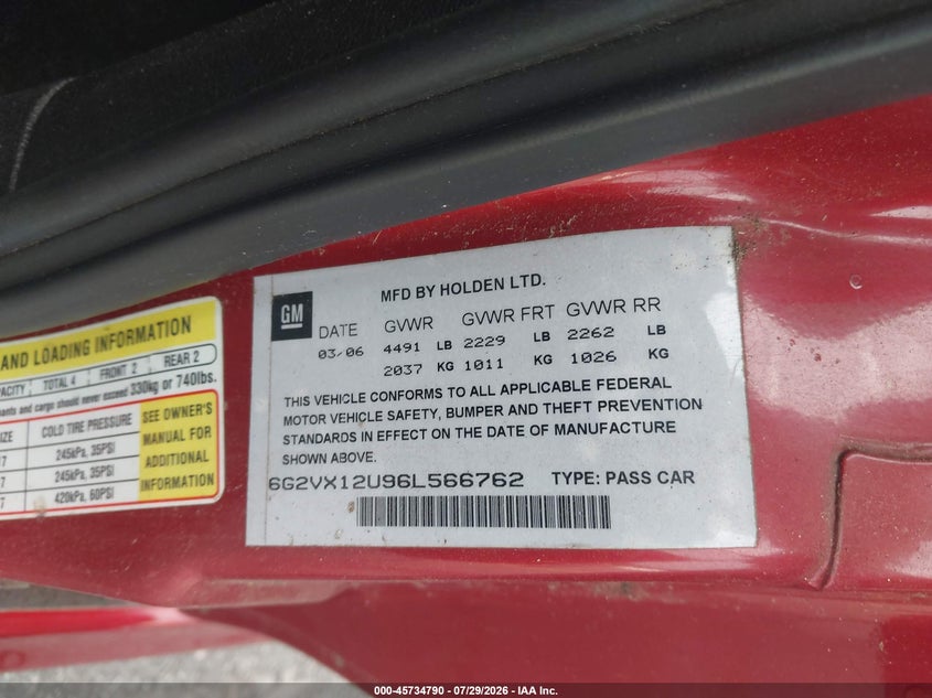 2006 Pontiac Gto VIN 6G2VX12U96L566762 IAAI salvage auction — NORMAL WEAR, Clear (Georgia), sold $10,650 on 2026-08-05 (photo 9)
