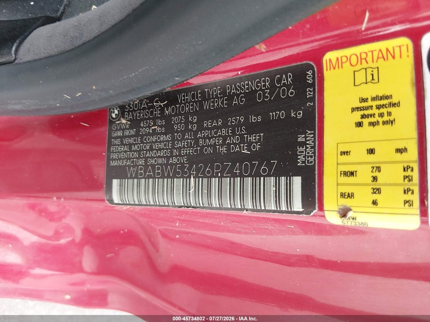 2006 BMW 3 series VIN WBABW53426PZ40767 IAAI salvage auction — NORMAL WEAR, Clear (Georgia), sold $350 on 2026-08-05 (photo 9)