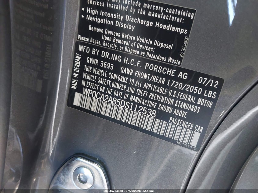 2013 Porsche Boxster VIN WP0CA2A85DS112538 IAAI salvage auction — RIGHT FRONT, Wait Title, sold $8,500 on 2026-08-23 (photo 9)