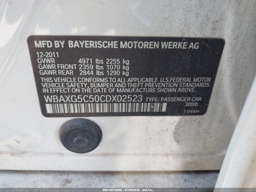 2012 BMW 5 series VIN WBAXG5C50CDX02523 IAAI salvage auction — NORMAL WEAR, Clear-Dealer Only (North Carolina), sold $975 on 2026-08-23 (photo 9)