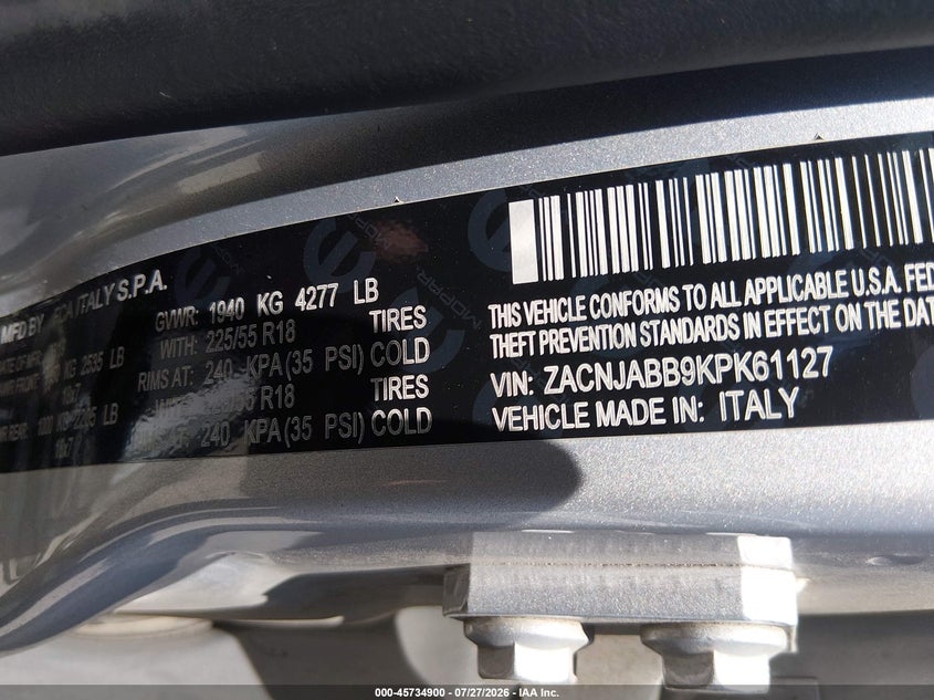 2019 Jeep Renegade VIN ZACNJABB9KPK61127 IAAI salvage auction — NORMAL WEAR, Original (Texas), sold $1,100 on 2026-08-17 (photo 9)
