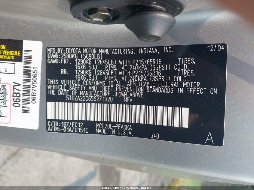 2005 Toyota Sienna VIN 5TDZA22C65S271320 IAAI salvage auction — NORMAL WEAR, Clear (North Carolina), sold $25 on 2026-07-30 (photo 9)