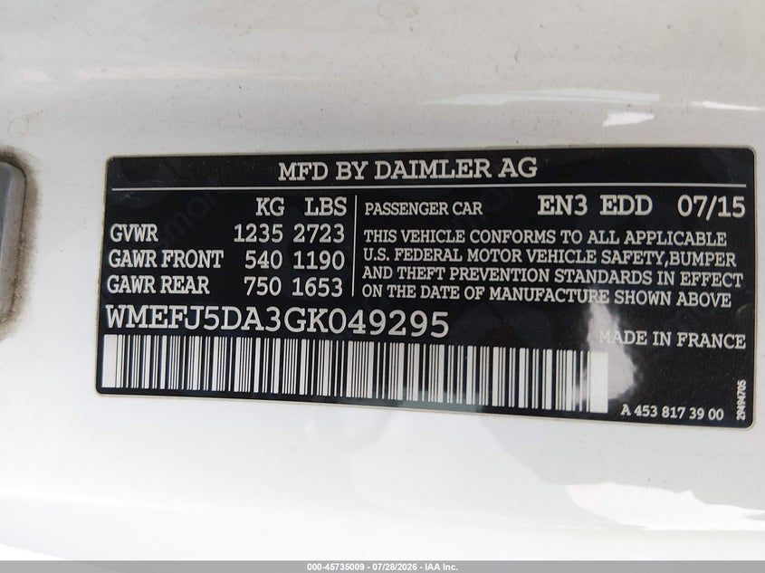 2016 Smart Fortwo VIN WMEFJ5DA3GK049295 IAAI salvage auction — NORMAL WEAR, Clear - Public Restricted (Oregon), sold $1,050 on 2026-08-10 (photo 9)