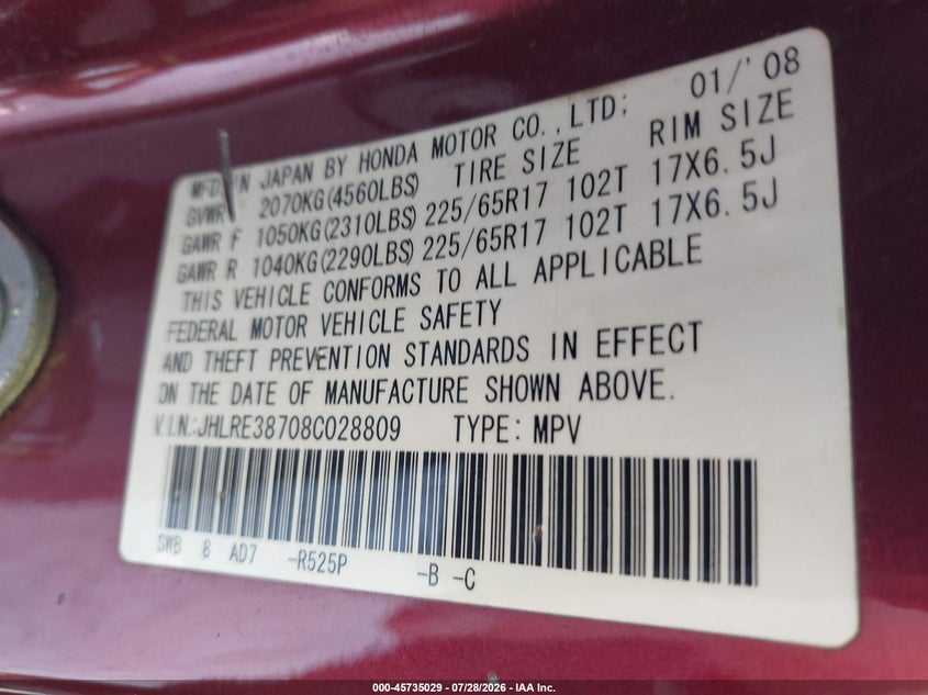 2008 Honda Cr-v VIN JHLRE38708C028809 IAAI salvage auction — NORMAL WEAR, Clear (Alabama), sold $1,250 on 2026-08-01 (photo 9)