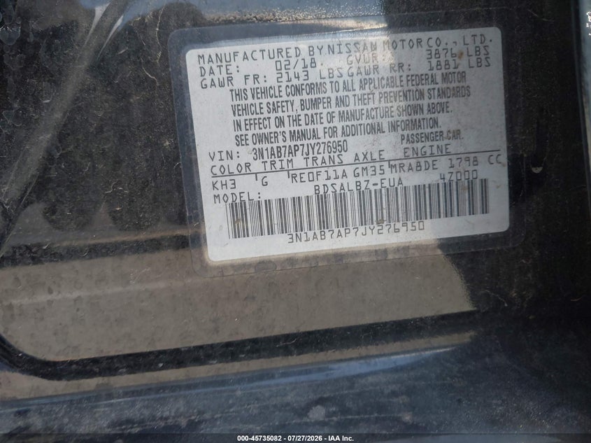 2018 Nissan Sentra VIN 3N1AB7AP7JY276950 IAAI salvage auction — NORMAL WEAR, Salvage Title - Dealer (California), sold $25 on 2026-07-31 (photo 9)