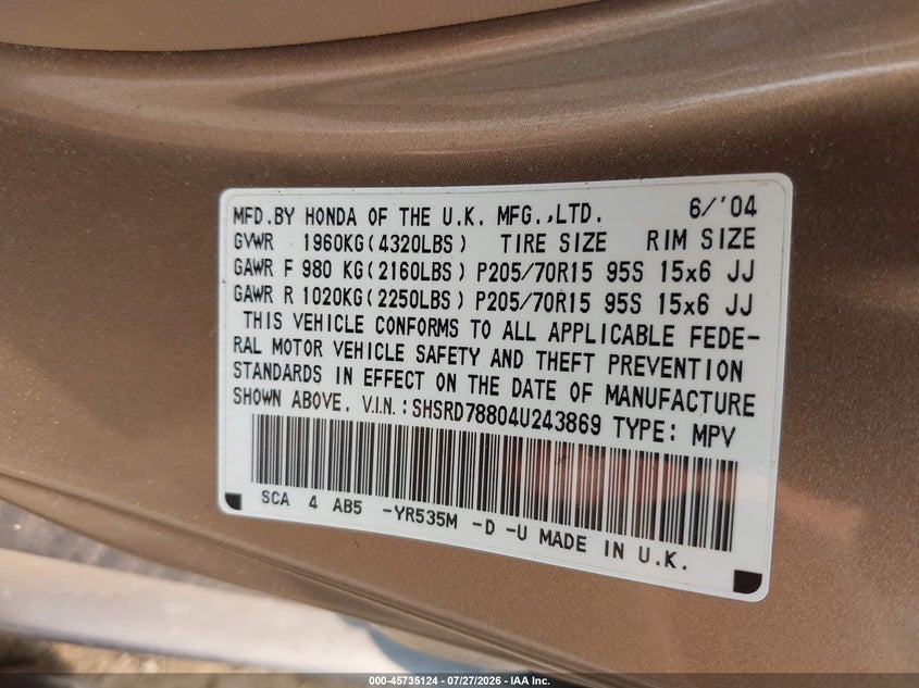2004 Honda Cr-v VIN SHSRD78804U243869 IAAI salvage auction — NORMAL WEAR, Clear (Virginia), sold $25 on 2026-07-28 (photo 9)