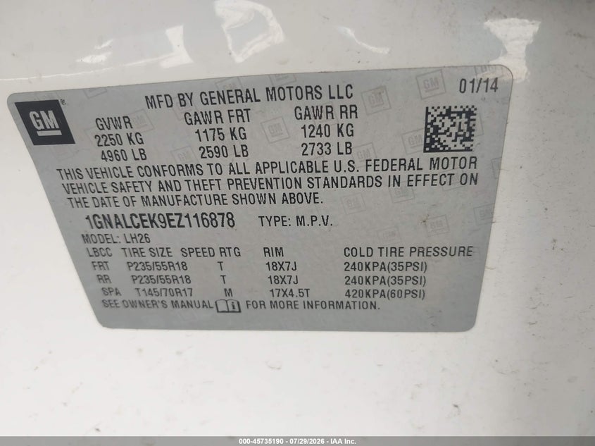 2014 Chevrolet Equinox VIN 1GNALCEK9EZ116878 IAAI salvage auction — FRONT END, Salvage Title, sold $1,325 on 2026-09-03 (photo 9)
