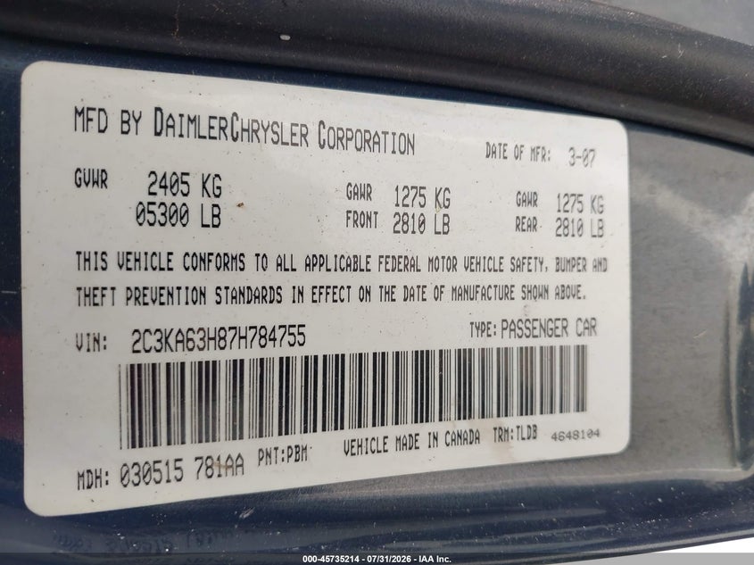 2007 Chrysler 300 VIN 2C3KA63H87H784755 IAAI salvage auction — NORMAL WEAR, Clear-Dealer Only (North Carolina), sold $675 on 2026-09-06 (photo 9)