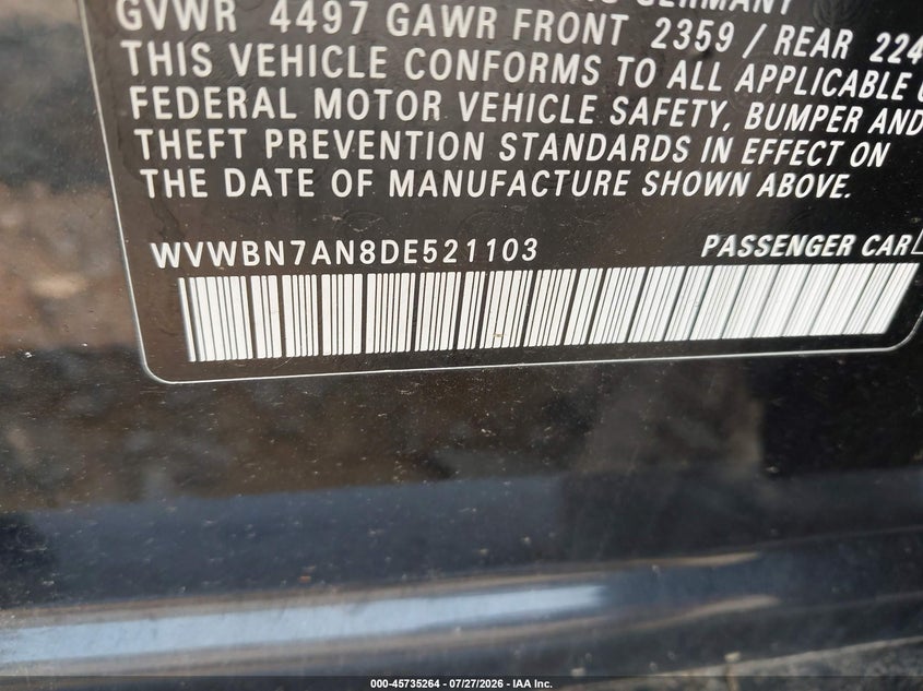 2013 Volkswagen Passat cc VIN WVWBN7AN8DE521103 IAAI salvage auction — NORMAL WEAR, Clear (North Carolina), sold $1,350 on 2026-08-10 (photo 9)