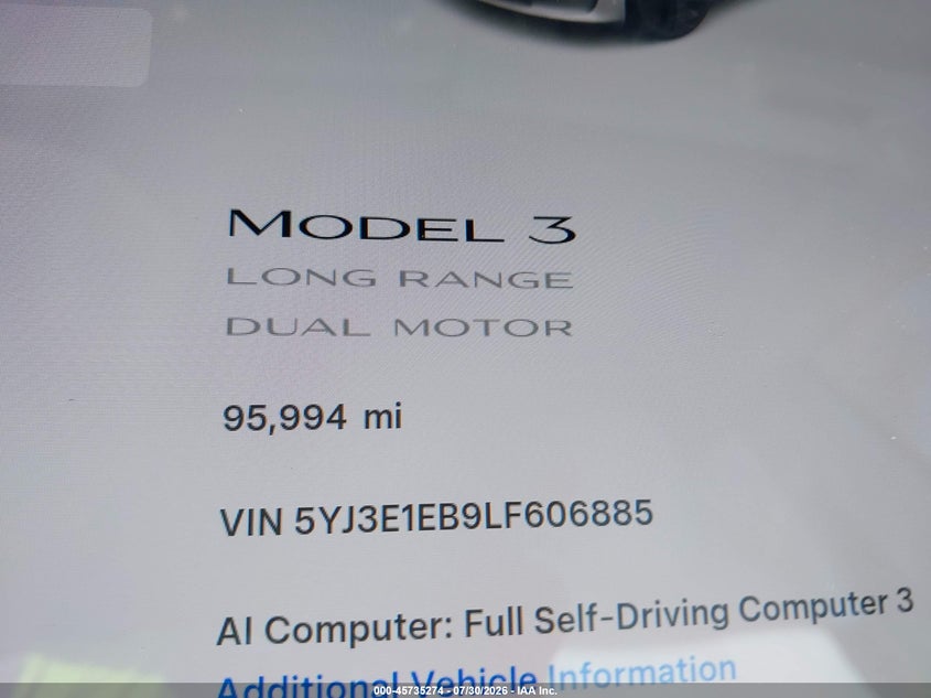 2020 Tesla Model 3 VIN 5YJ3E1EB9LF606885 IAAI salvage auction — LEFT FRONT, Wait Title, sold $4,700 on 2026-09-07 (photo 7)