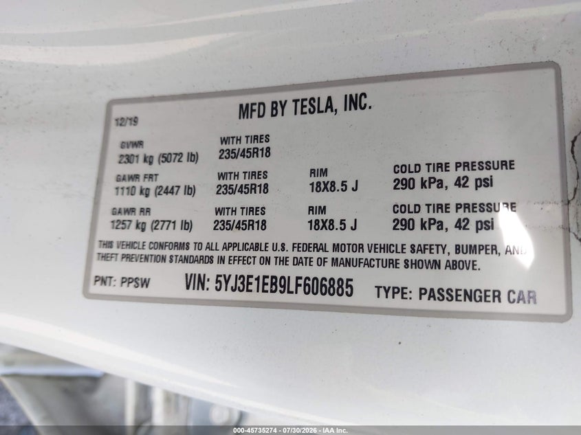 2020 Tesla Model 3 VIN 5YJ3E1EB9LF606885 IAAI salvage auction — LEFT FRONT, Wait Title, sold $4,700 on 2026-09-07 (photo 9)