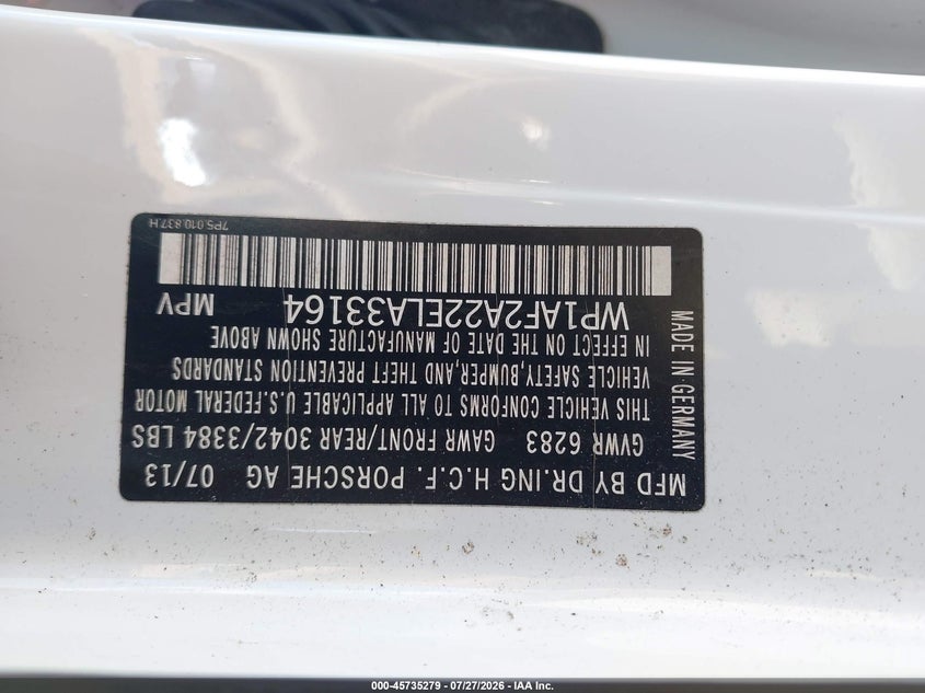 2014 Porsche Cayenne VIN WP1AF2A22ELA33164 IAAI salvage auction — NORMAL WEAR, Clear (Florida), sold $4,825 on 2026-08-10 (photo 9)
