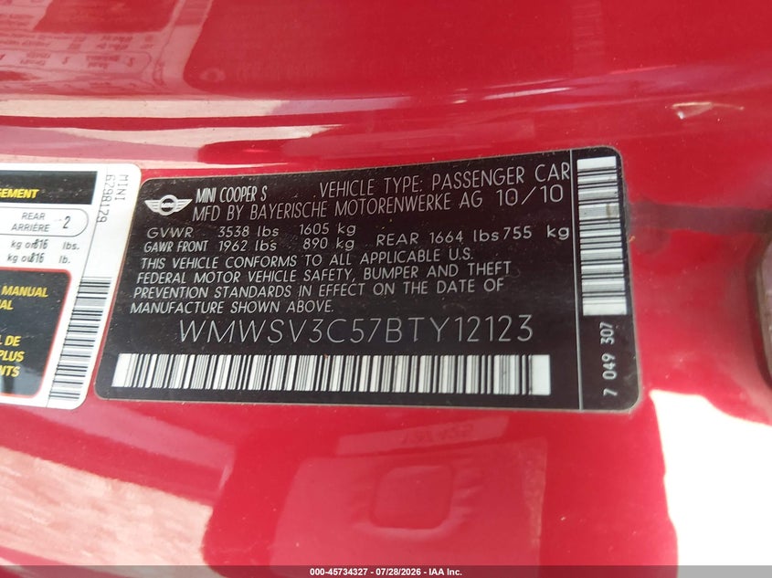 2011 Mini Cooper VIN WMWSV3C57BTY12123 IAAI salvage auction — FRONT END, Salvage (California), sold $850 on 2026-08-20 (photo 9)