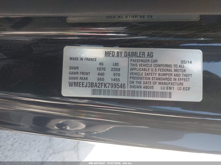 2015 Smart Fortwo VIN WMEEJ3BA2FK799546 IAAI salvage auction — NORMAL WEAR, Clear - Dealer Only (California), sold $175 on 2026-08-04 (photo 9)