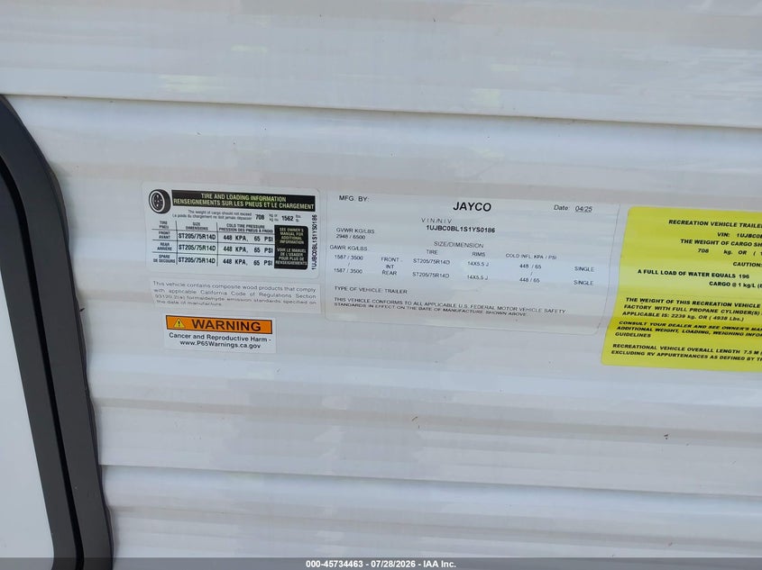 2025 Jayco Other VIN 1UJBC0BL1S1YS0186 IAAI salvage auction — HAIL, Salvage (Nebraska), sold $6,500 on 2026-09-22 (photo 9)