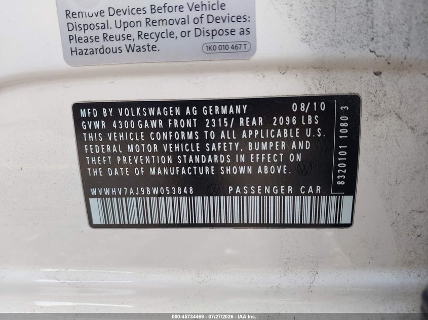 2011 Volkswagen Gti VIN WVWHV7AJ9BW053848 IAAI salvage auction — NORMAL WEAR, Clear (Florida), sold $2,375 on 2026-08-17 (photo 9)
