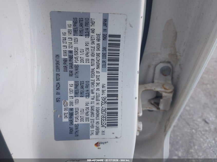 2009 Mazda Cx-9 VIN JM3TB38V090179248 IAAI salvage auction — NORMAL WEAR, Clear (Pennsylvania), sold $600 on 2026-07-31 (photo 9)
