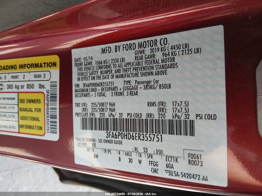 2014 Ford Fusion VIN 3FA6P0HD6ER355751 IAAI salvage auction — FRONT END, Salvage Title, sold $750 on 2026-08-24 (photo 9)
