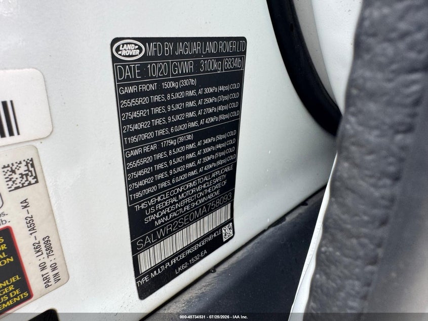 2021 Land rover Range rover sport VIN SALWR2SE0MA758093 IAAI salvage auction — UNKNOWN, Salvage Title, sold $11,050 on 2026-08-26 (photo 9)