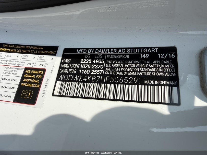 2017 Mercedes-benz VIN WDDWK4KB7HF506529 IAAI salvage auction — ENGINE BURN, Salvage Title, sold $5,250 on 2026-08-17 (photo 9)
