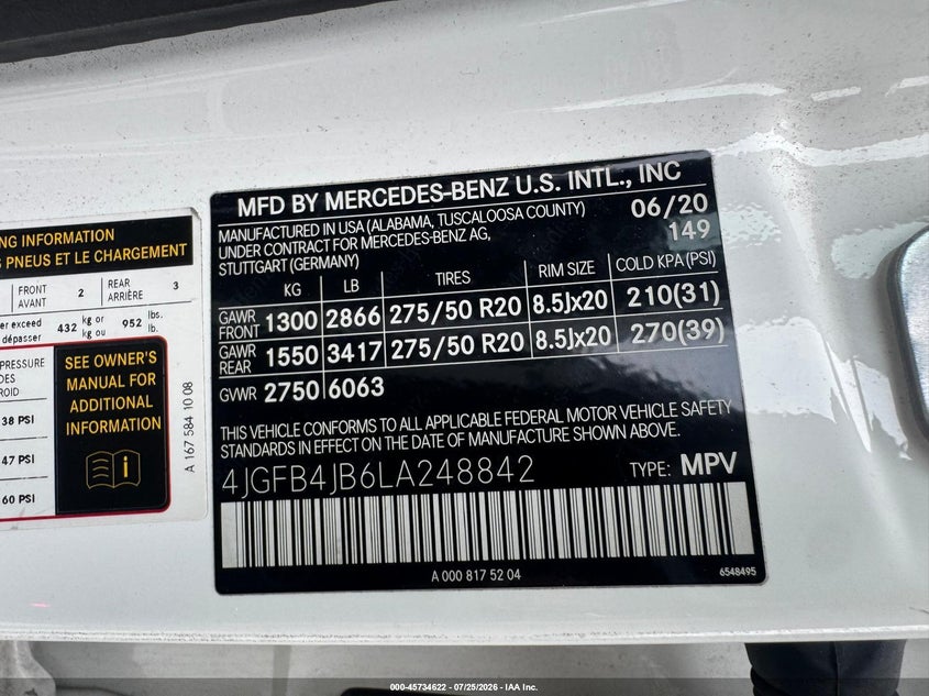 2020 Mercedes-benz Gle class VIN 4JGFB4JB6LA248842 IAAI salvage auction — UNKNOWN, Wait Title, sold $16,000 on 2026-08-26 (photo 9)