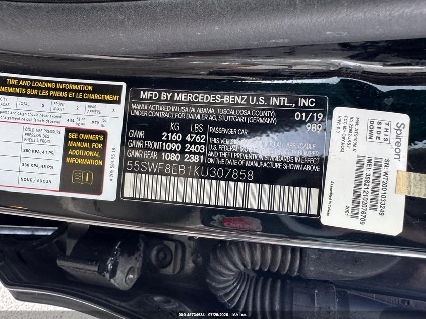 2019 Mercedes-benz C-klasse VIN 55SWF8EB1KU307858 IAAI salvage auction — UNKNOWN, Clear (Georgia), sold $5,325 on 2026-09-02 (photo 9)