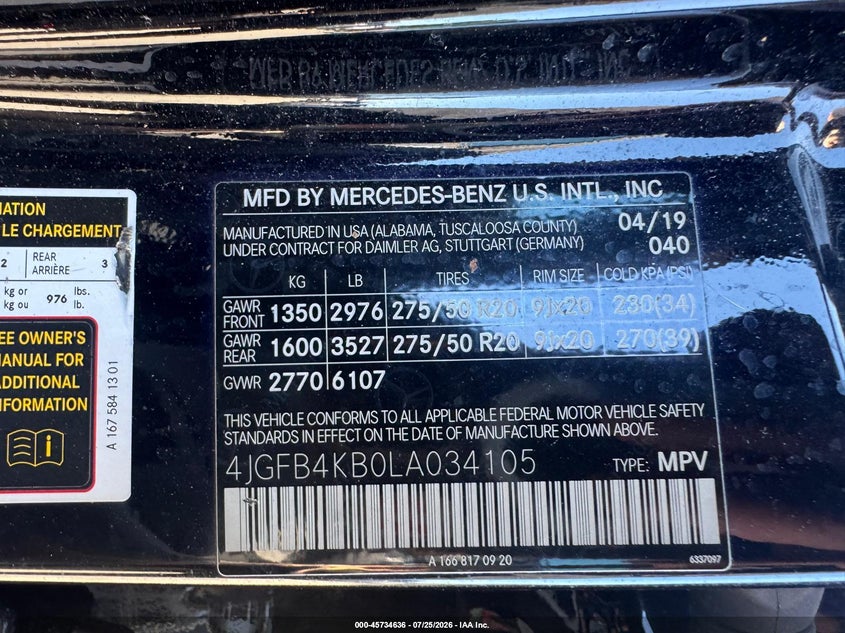 2020 Mercedes-Benz GLE-Class VIN 4JGFB4KB0LA034105 IAAI salvage auction — SIDE, Wait Title, sold $12,275 on 2026-08-19 (photo 9)