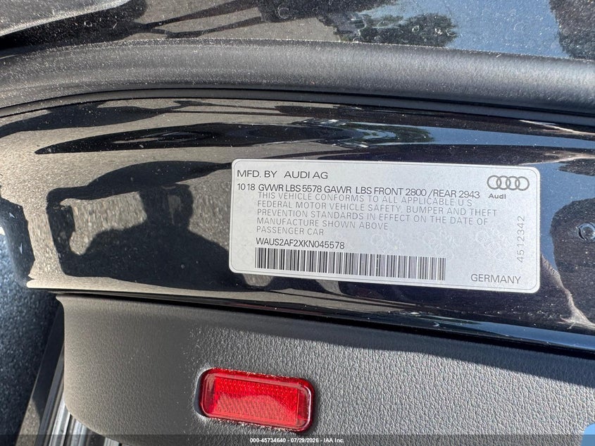 2019 Audi A7 VIN WAUS2AF2XKN045578 IAAI salvage auction — UNKNOWN, Original (West Virginia), sold $16,450 on 2026-09-02 (photo 9)