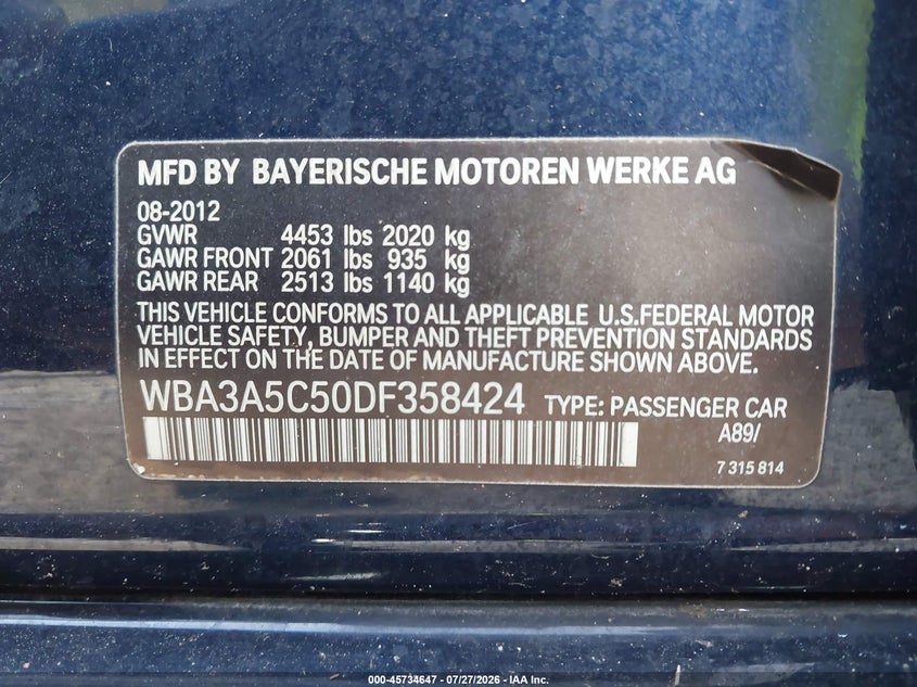 2013 BMW 3er VIN WBA3A5C50DF358424 IAAI salvage auction — NORMAL WEAR, Clear (Florida), sold $875 on 2026-09-13 (photo 9)