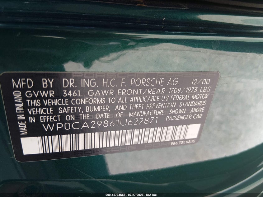 2001 Porsche Boxster VIN WP0CA29861U622871 IAAI salvage auction — NORMAL WEAR, Original (Texas), sold $375 on 2026-08-17 (photo 9)