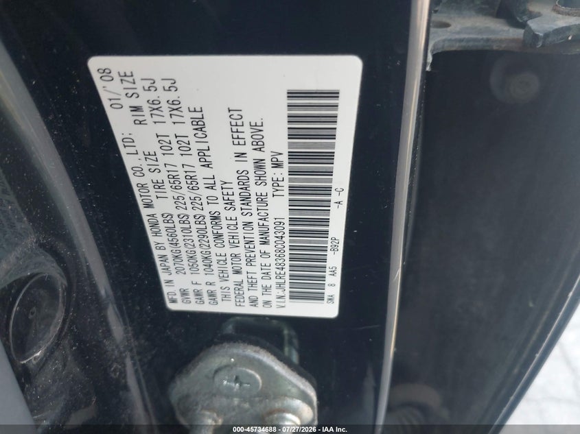 2008 Honda Cr-v VIN JHLRE48368C043091 IAAI salvage auction — NORMAL WEAR, Clear (Pennsylvania), sold $1,550 on 2026-07-31 (photo 9)