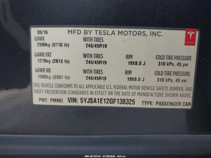2016 Tesla Model s VIN 5YJSA1E12GF138325 IAAI salvage auction — MECHANICAL, Clear (South Carolina), sold $3,650 on 2026-07-31 (photo 9)