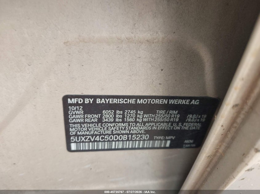 2013 BMW X5 VIN 5UXZV4C50D0B15230 IAAI salvage auction — NORMAL WEAR, Clear (Alabama), sold $275 on 2026-08-21 (photo 9)