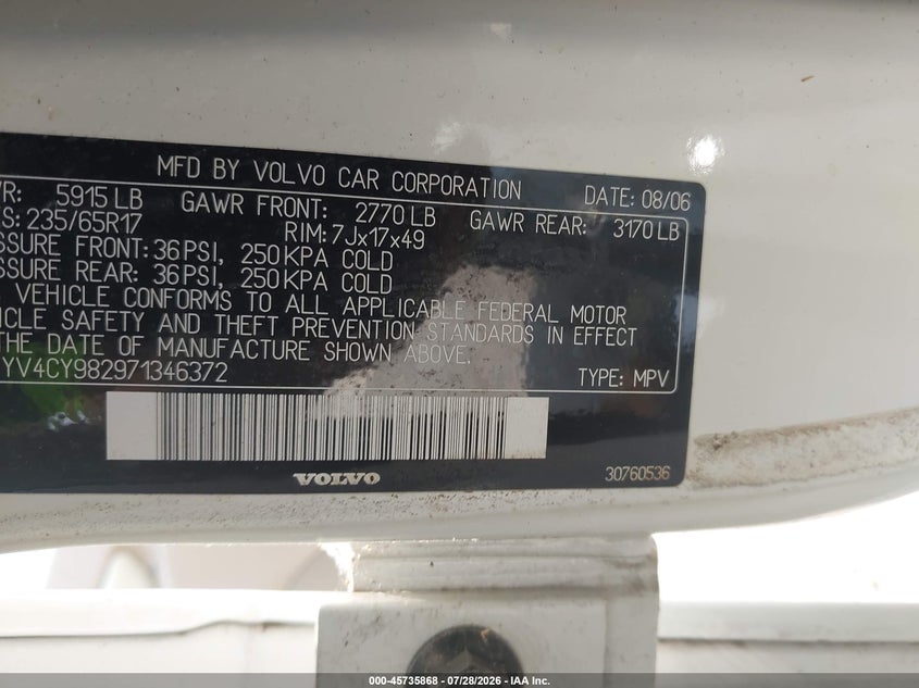 2007 Volvo Xc90 VIN YV4CY982971346372 IAAI salvage auction — NORMAL WEAR, Clear (Alabama), sold $250 on 2026-08-05 (photo 9)