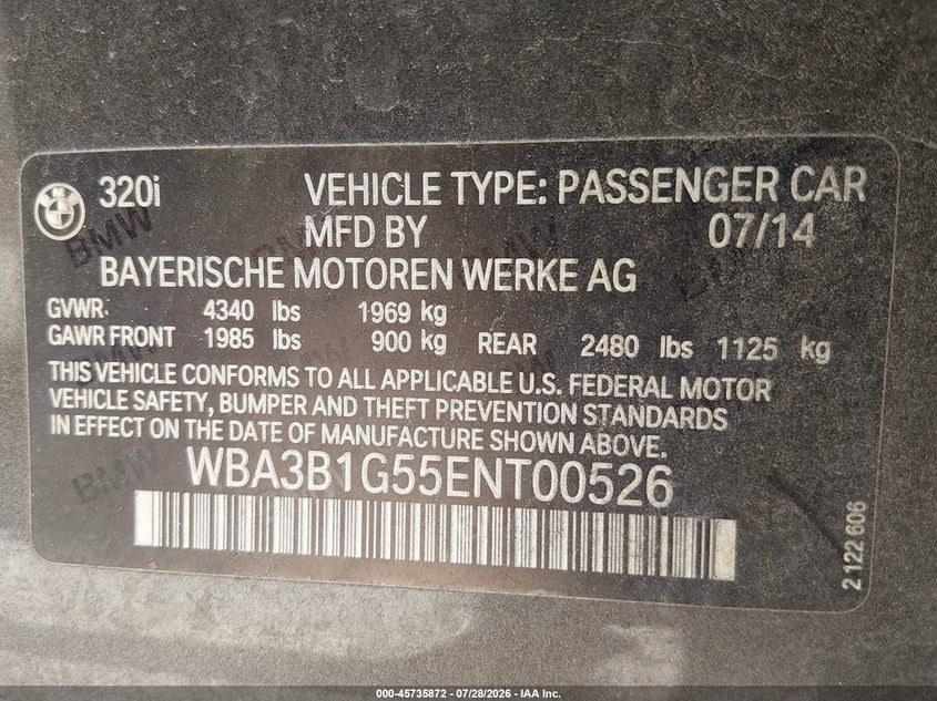 2014 BMW 3er VIN WBA3B1G55ENT00526 IAAI salvage auction — FRONT END, Salvage Title, sold $175 on 2026-08-18 (photo 9)