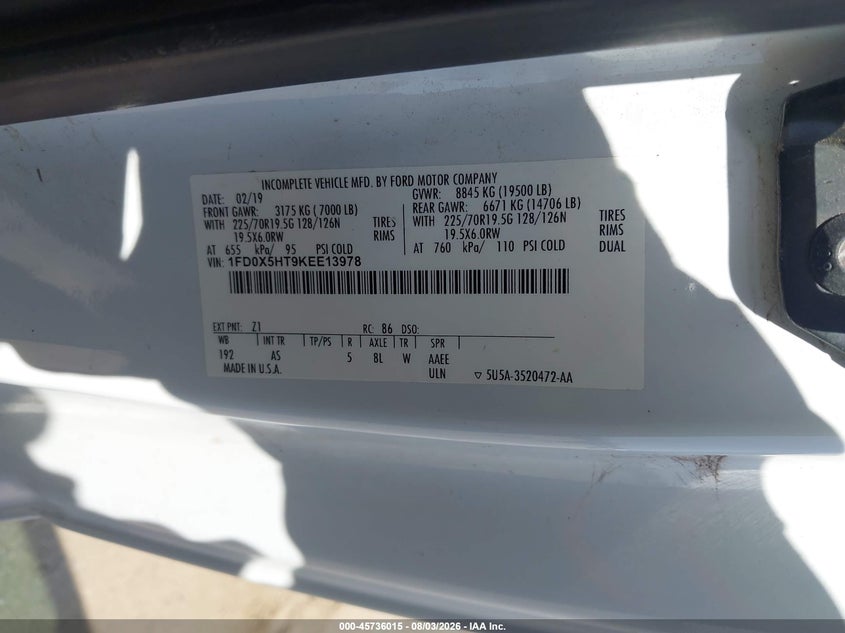 2019 Ford F-550 chassis VIN 1FD0X5HT9KEE13978 IAAI salvage auction — NORMAL WEAR, Clear (Texas), sold $10,050 on 2026-08-12 (photo 8)