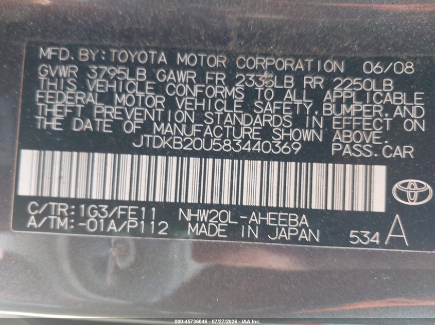 2008 Toyota Prius VIN JTDKB20U583440369 IAAI salvage auction — NORMAL WEAR, Clear (Massachusetts), sold $575 on 2026-07-31 (photo 9)