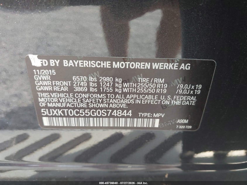 2016 BMW X5 VIN 5UXKT0C55G0S74844 IAAI salvage auction — NORMAL WEAR, Clear (Florida), sold $5,275 on 2026-08-01 (photo 9)