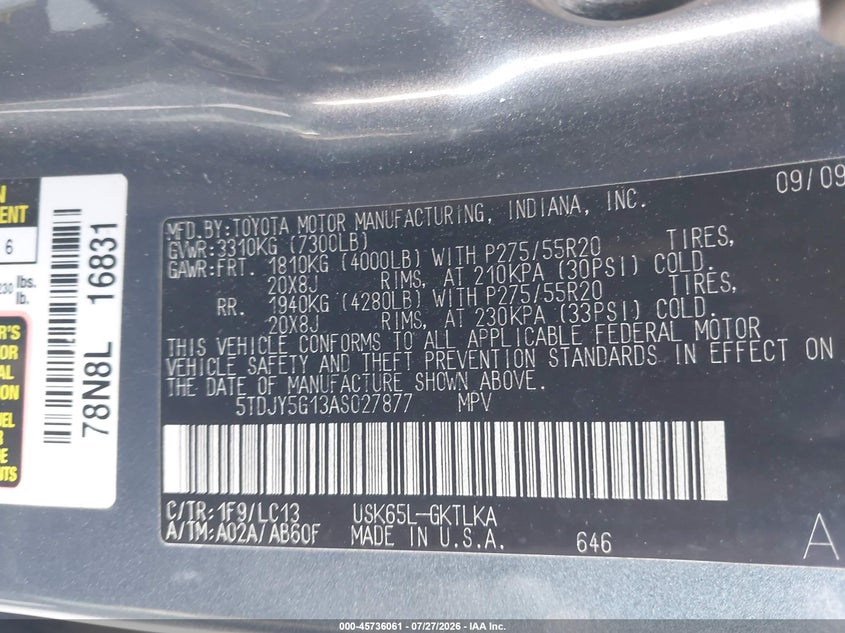 2010 Toyota Sequoia VIN 5TDJY5G13AS027877 IAAI salvage auction — NORMAL WEAR, Clear (Pennsylvania), sold $4,075 on 2026-07-31 (photo 9)
