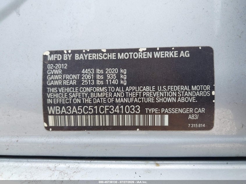 2012 BMW 3 series VIN WBA3A5C51CF341033 IAAI salvage auction — MECHANICAL, Clear (Florida), sold $800 on 2026-08-05 (photo 9)