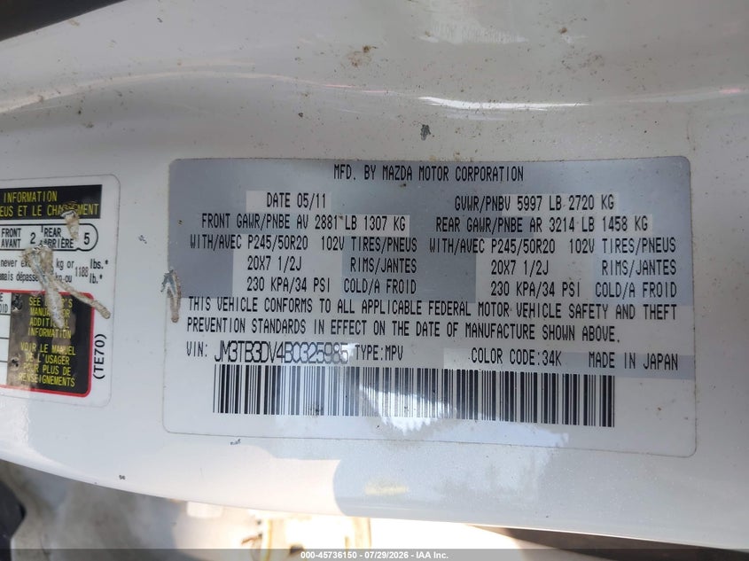 2011 Mazda Cx-9 VIN JM3TB3DV4B0325985 IAAI salvage auction — NORMAL WEAR, Clear (Virginia), sold $600 on 2026-08-23 (photo 9)