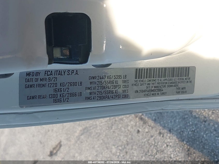 2021 Ram Promaster city VIN ZFBHRFAB9M6V39864 IAAI salvage auction — SIDE, Enterprise Vehicles Clear Only (Florida), sold $4,050 on 2026-08-06 (photo 9)