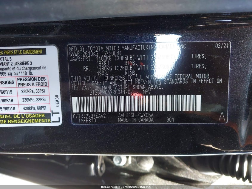 2024 Lexus Rx VIN 2T2BBMCAXRC041202 IAAI salvage auction — FRONT END, Wait Title, sold $18,350 on 2026-08-26 (photo 9)