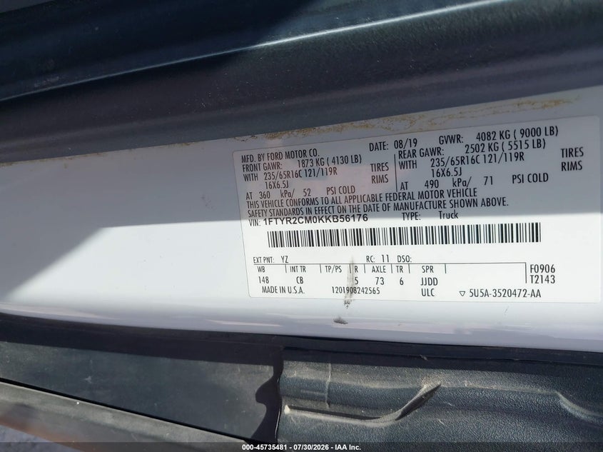 2019 Ford Transit VIN 1FTYR2CM0KKB56176 IAAI salvage auction — FRONT END, Original (Texas), sold $7,250 on 2026-09-04 (photo 9)