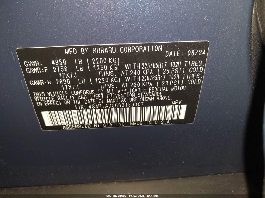 2025 Subaru Outback VIN 4S4BTADC6S3139007 IAAI salvage auction — HAIL, Wait Title, sold $13,200 on 2026-08-22 (photo 9)