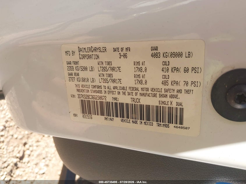 2006 Dodge Ram 2500 VIN 3D7KS28C36G230672 IAAI salvage auction — LEFT SIDE, Clear (Arkansas), sold $9,500 on 2026-08-06 (photo 9)