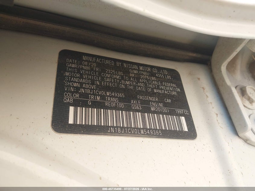 2020 Nissan Rogue sport VIN JN1BJ1CV0LW549365 IAAI salvage auction — EXTERIOR BURN, Original (Texas), sold $425 on 2026-07-30 (photo 9)